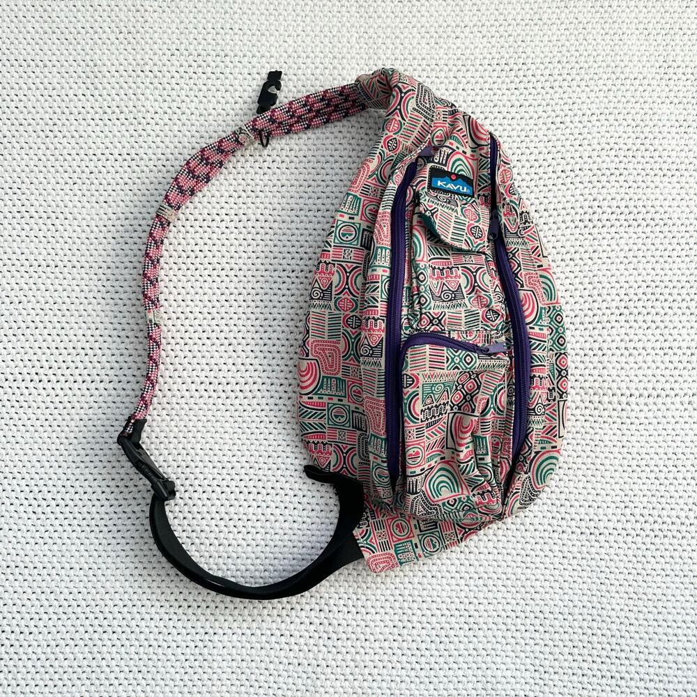 Kavu Red Green Geometric Aztec Canvas Rope Sling Backpack Crossbody Bag
